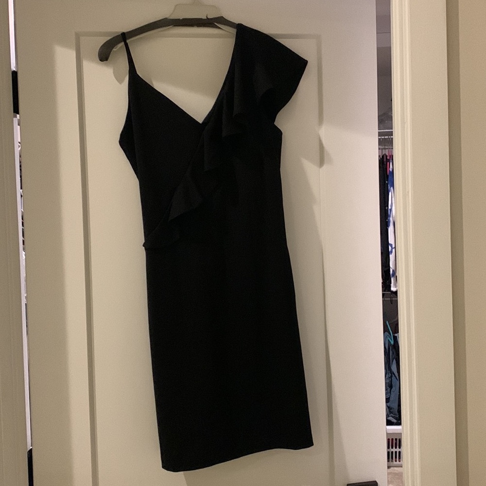 Amanda Uprichard black mini dress with one shoulder ruffle and spaghetti strap